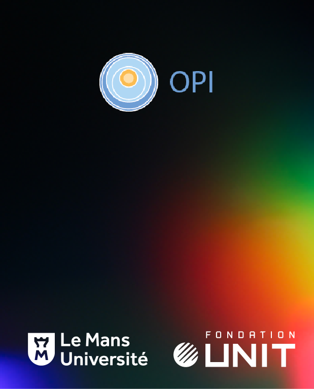Image décorative. Sur un fond coloré le logo d'OPI, la fondation UNIT et le Mans université sont présent.